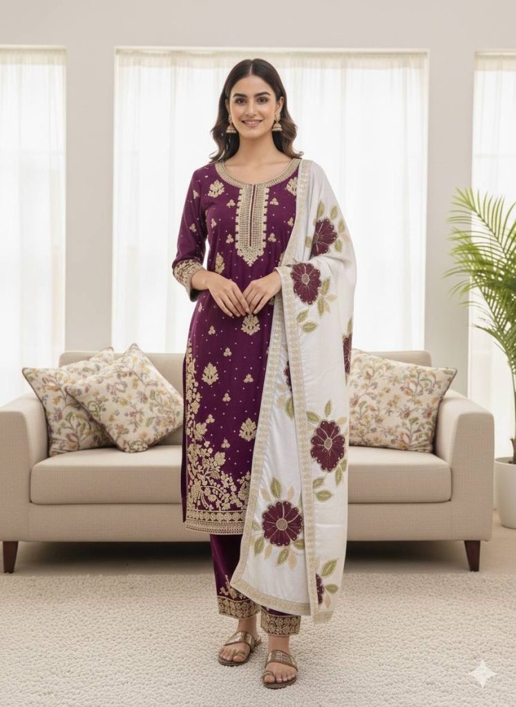 Purple pure gmy silk with heavy embroidery top-bottom and dupatta