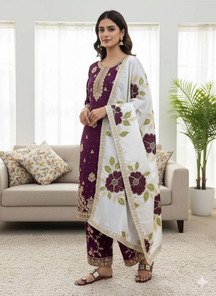 Purple pure gmy silk with heavy embroidery top-bottom and dupatta