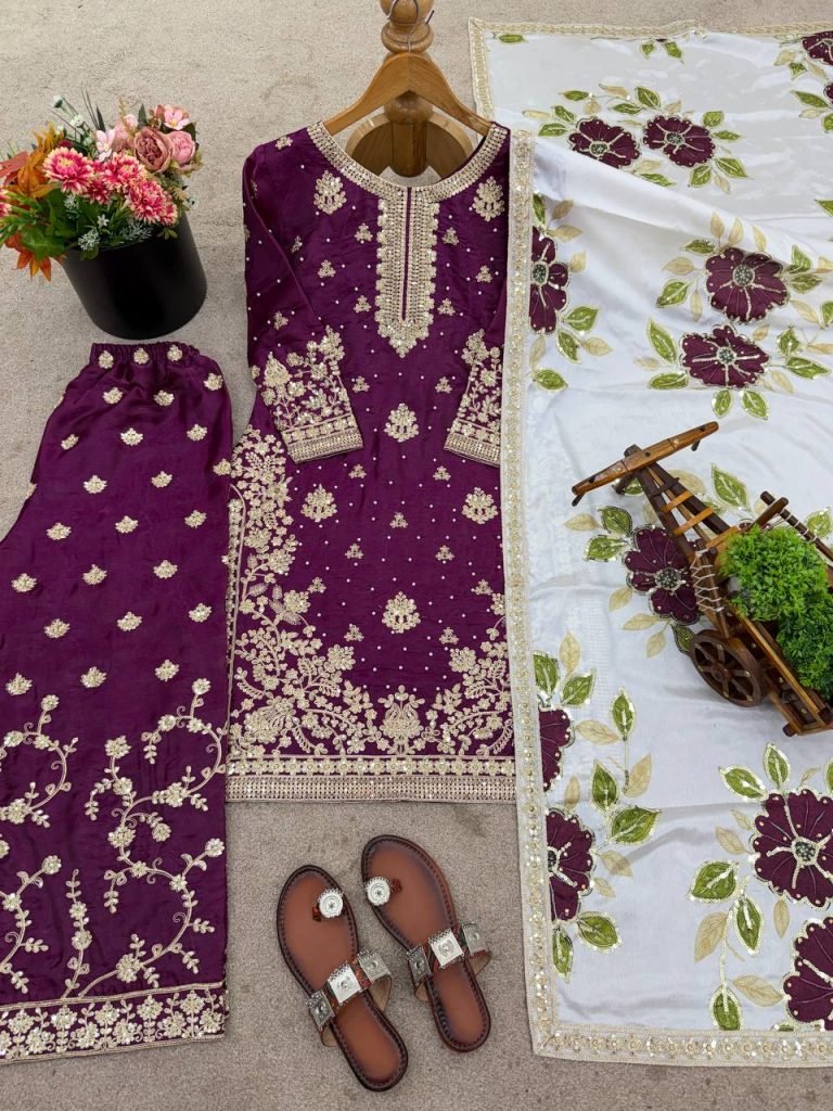 Purple pure gmy silk with heavy embroidery top-bottom and dupatta