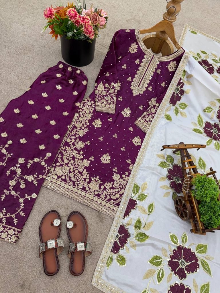 Purple pure gmy silk with heavy embroidery top-bottom and dupatta