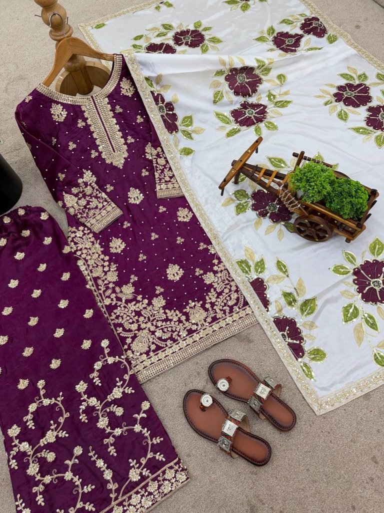 Purple pure gmy silk with heavy embroidery top-bottom and dupatta