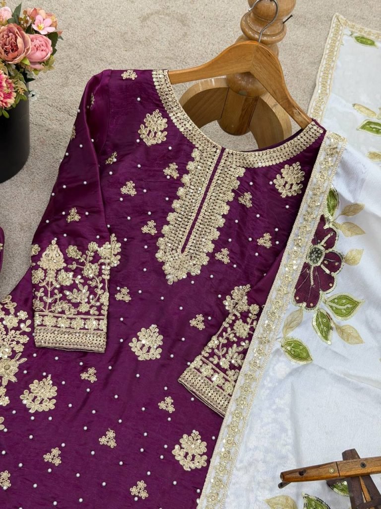 Purple pure gmy silk with heavy embroidery top-bottom and dupatta