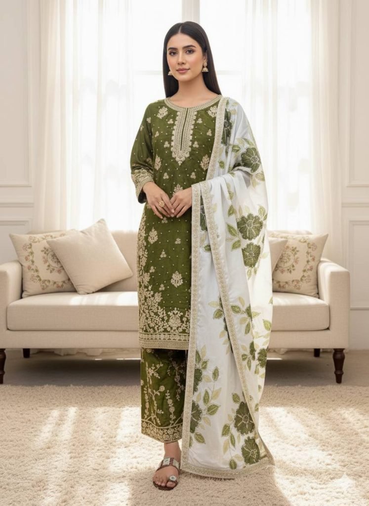 Mehndi pure gmy silk with heavy embroidery top-bottom and dupatta