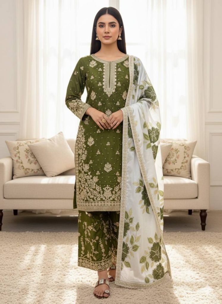 Mehndi pure gmy silk with heavy embroidery top-bottom and dupatta