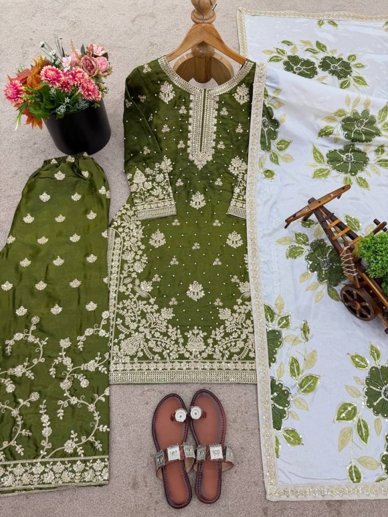 Mehndi pure gmy silk with heavy embroidery top-bottom and dupatta