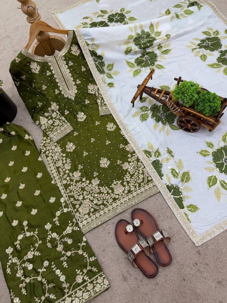 Mehndi pure gmy silk with heavy embroidery top-bottom and dupatta