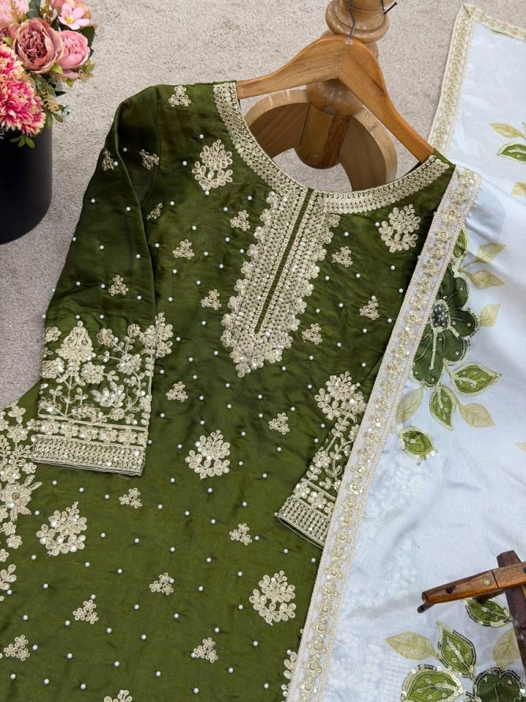 Mehndi pure gmy silk with heavy embroidery top-bottom and dupatta