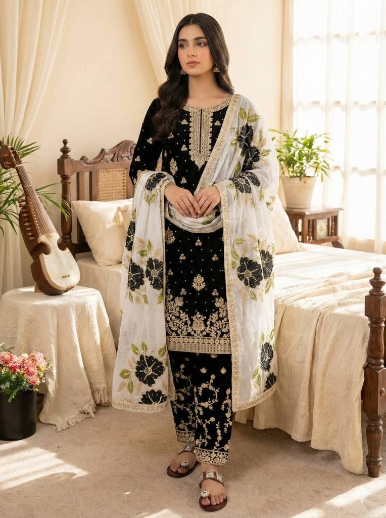 Black pure gmy silk with heavy embroidery top-bottom and dupatta
