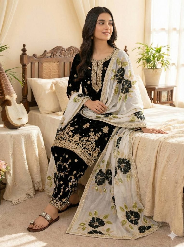 Black pure gmy silk with heavy embroidery top-bottom and dupatta