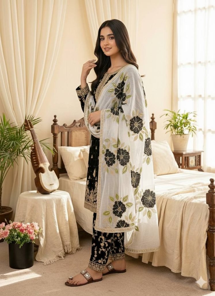 Black pure gmy silk with heavy embroidery top-bottom and dupatta
