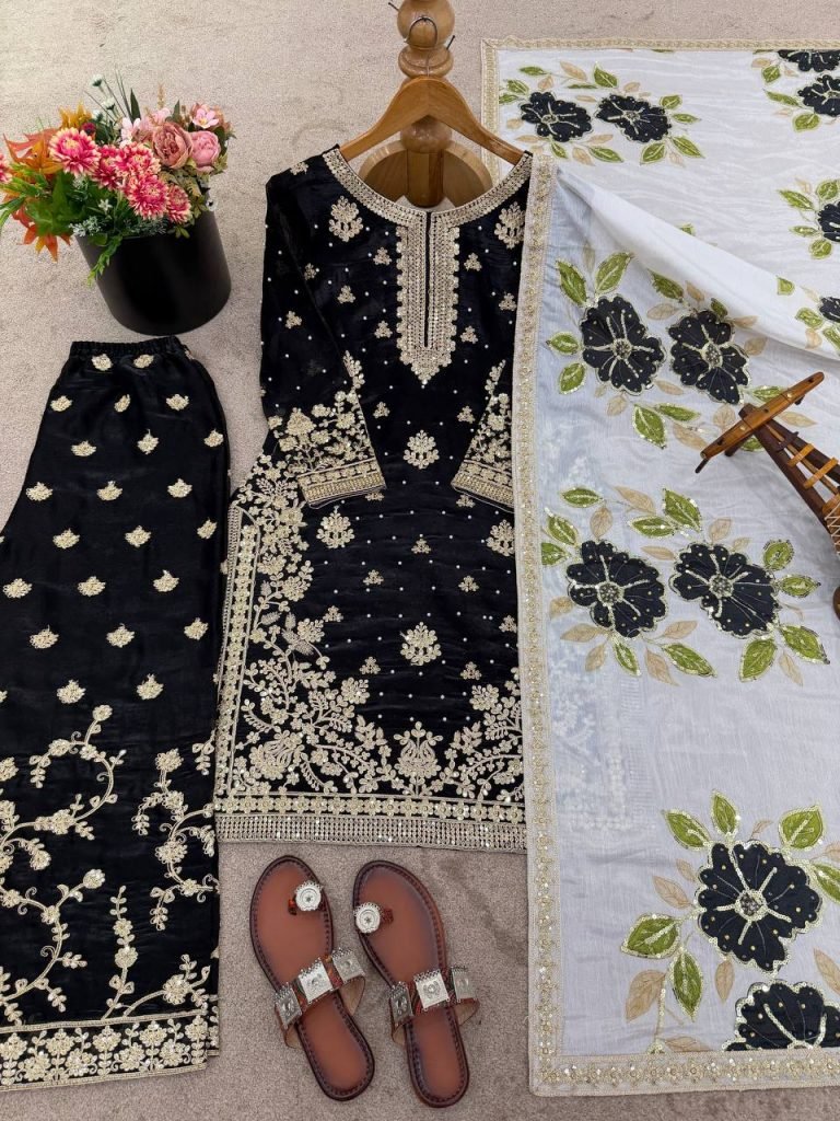 Black pure gmy silk with heavy embroidery top-bottom and dupatta
