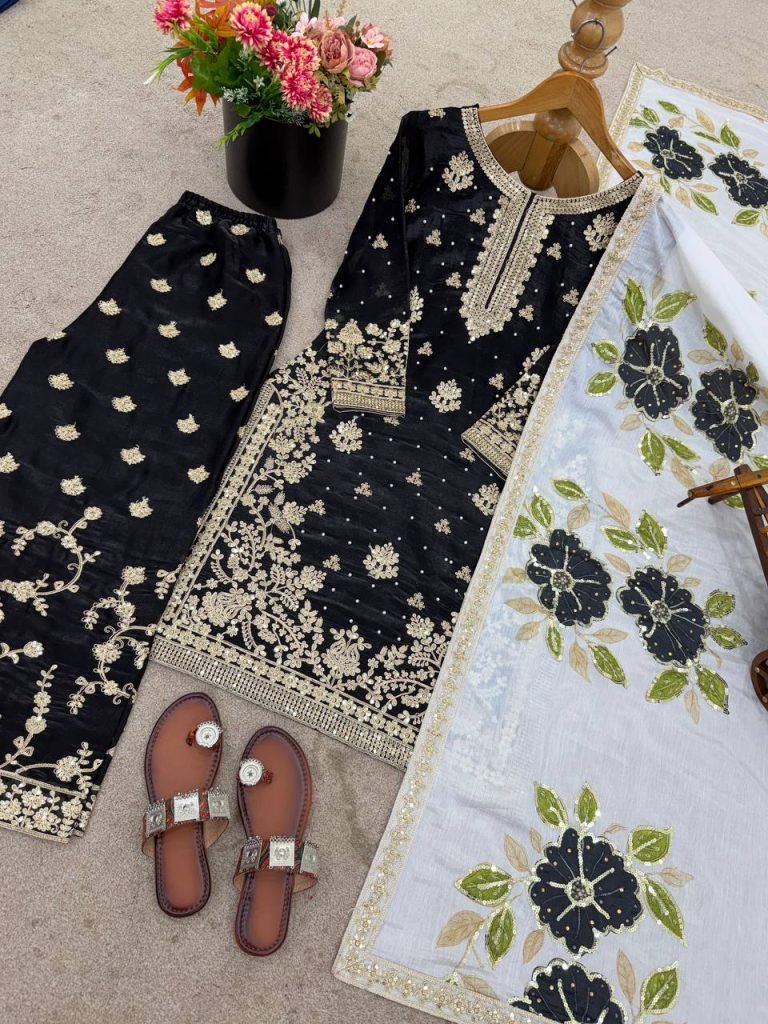Black pure gmy silk with heavy embroidery top-bottom and dupatta