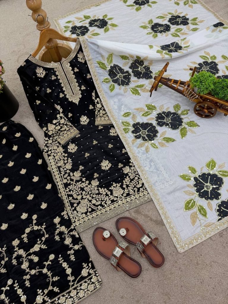 Black pure gmy silk with heavy embroidery top-bottom and dupatta