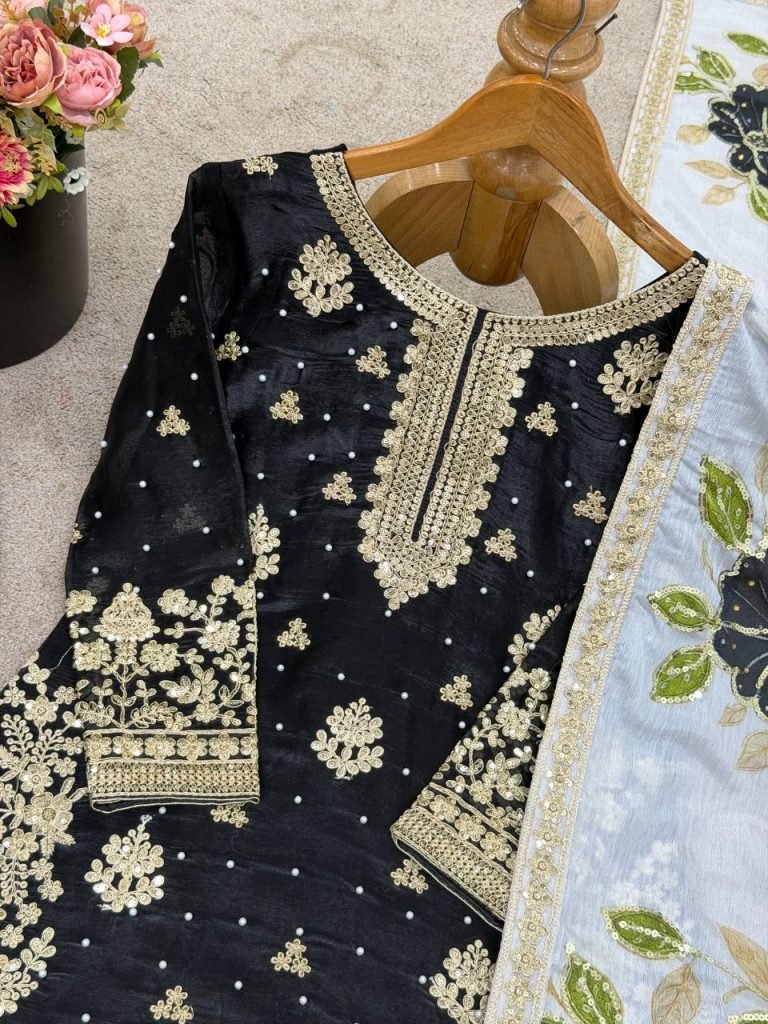 Black pure gmy silk with heavy embroidery top-bottom and dupatta