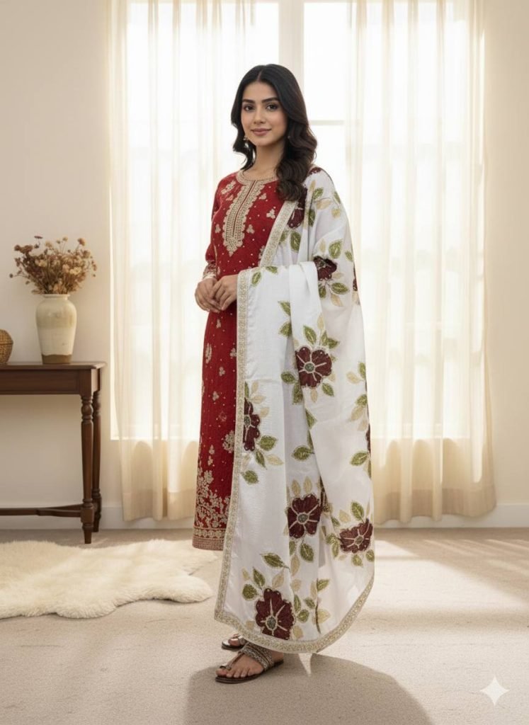 Red pure gmy silk with heavy embroidery top-bottom and dupatta