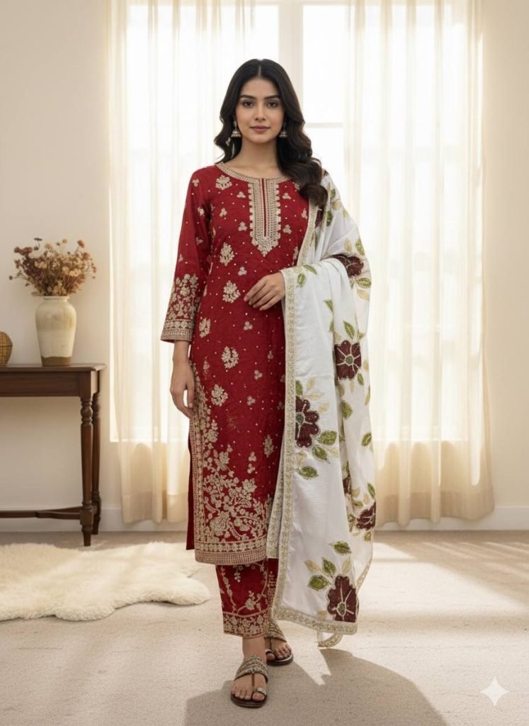 Red pure gmy silk with heavy embroidery top-bottom and dupatta