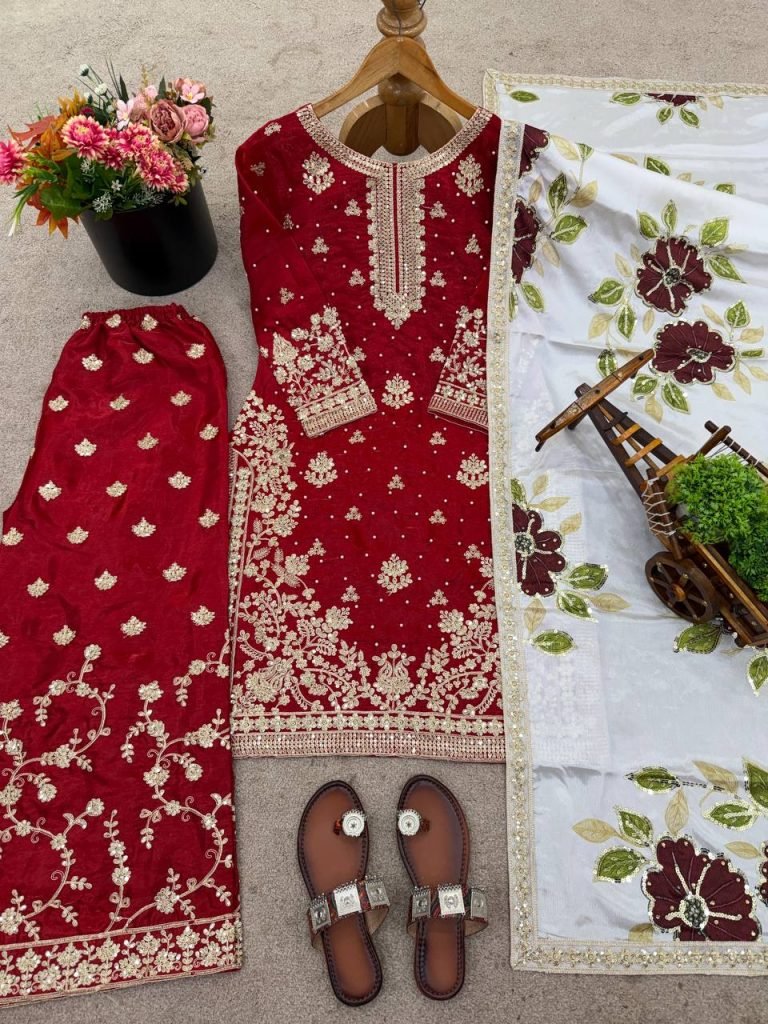 Red pure gmy silk with heavy embroidery top-bottom and dupatta