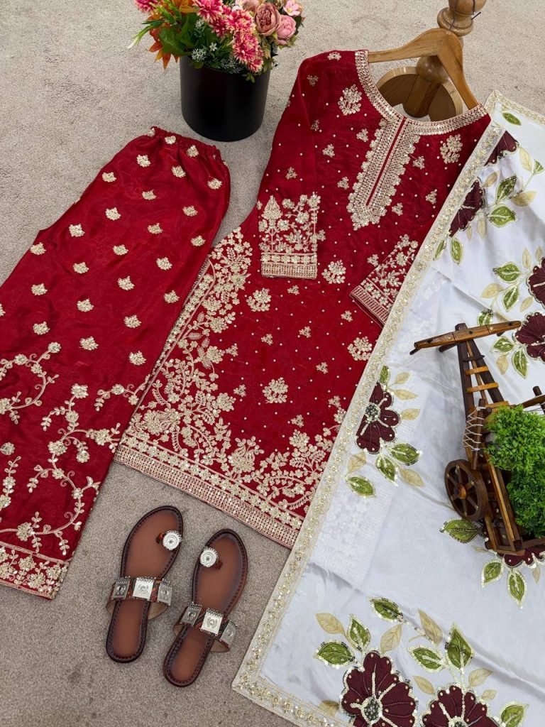 Red pure gmy silk with heavy embroidery top-bottom and dupatta