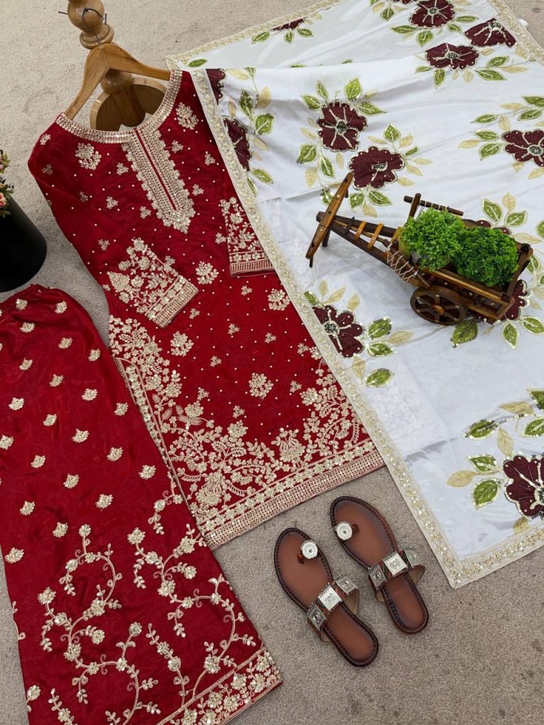 Red pure gmy silk with heavy embroidery top-bottom and dupatta