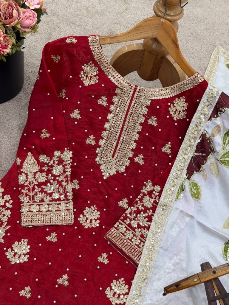 Red pure gmy silk with heavy embroidery top-bottom and dupatta