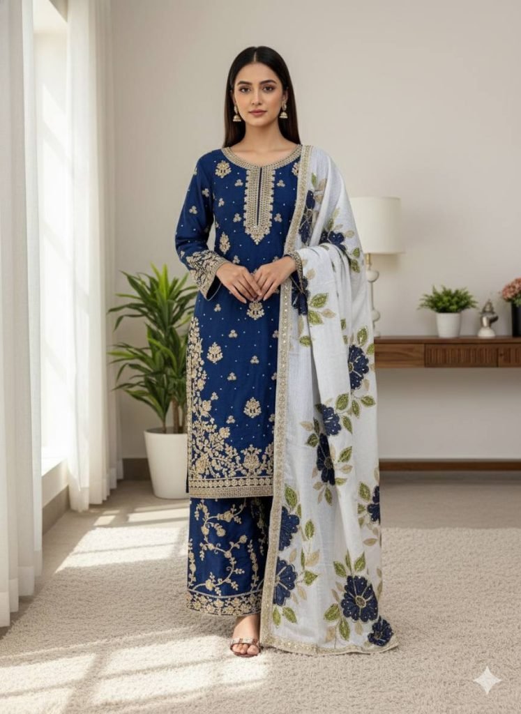 Blue pure gmy silk with heavy embroidery top-bottom and dupatta