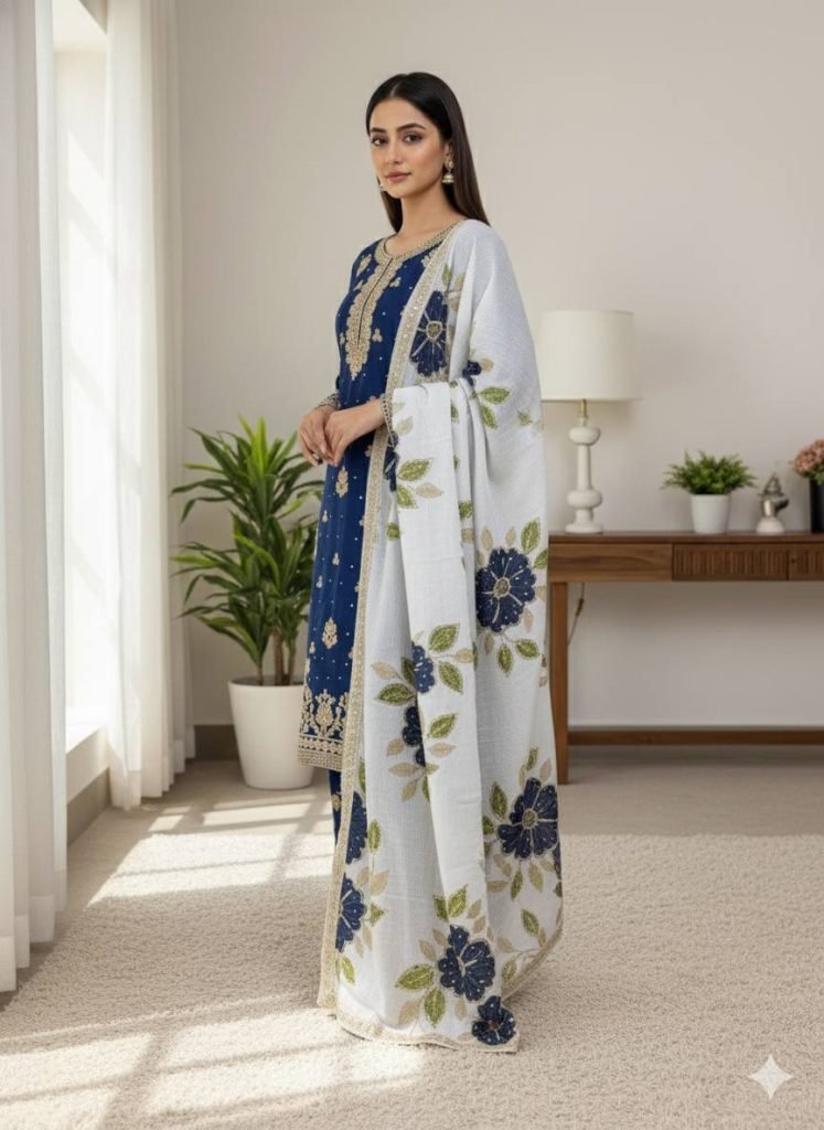 Blue pure gmy silk with heavy embroidery top-bottom and dupatta