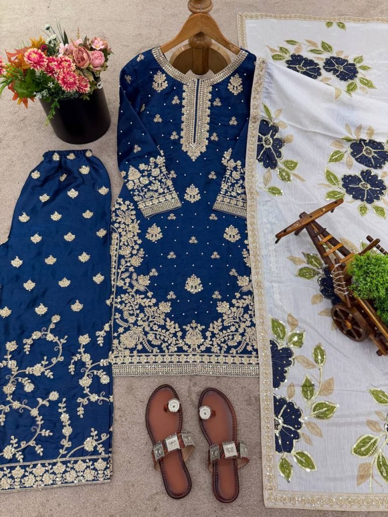 Blue pure gmy silk with heavy embroidery top-bottom and dupatta