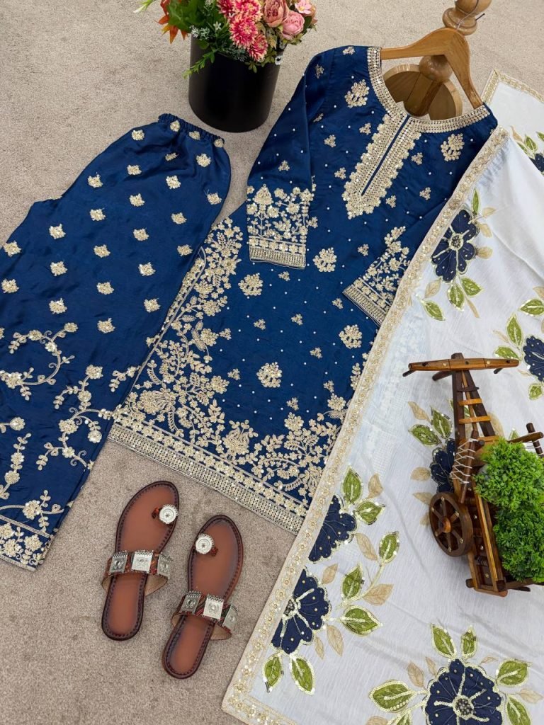 Blue pure gmy silk with heavy embroidery top-bottom and dupatta