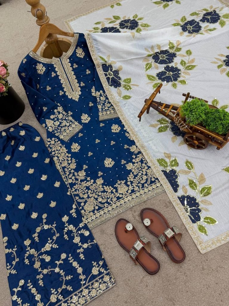 Blue pure gmy silk with heavy embroidery top-bottom and dupatta