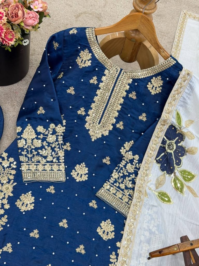 Blue pure gmy silk with heavy embroidery top-bottom and dupatta