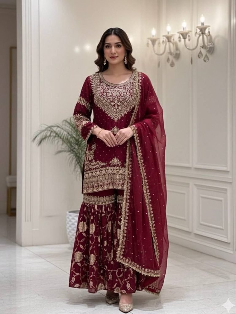 Red heavy georgette with beautiful embroidery sequence work ready to wear