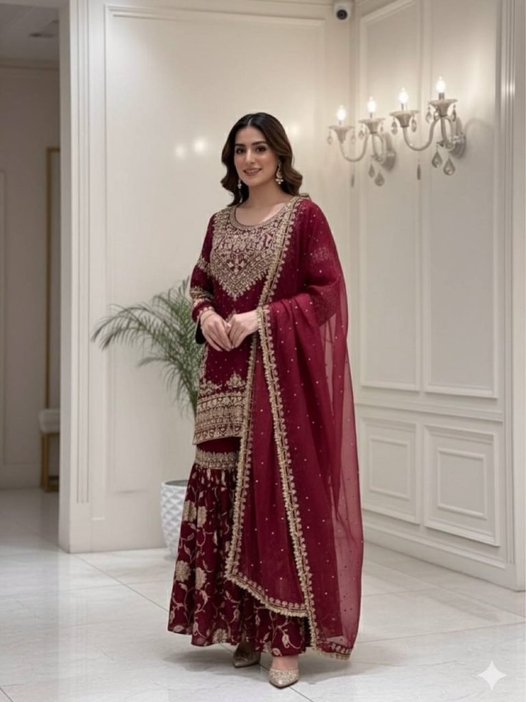 Red heavy georgette with beautiful embroidery sequence work ready to wear