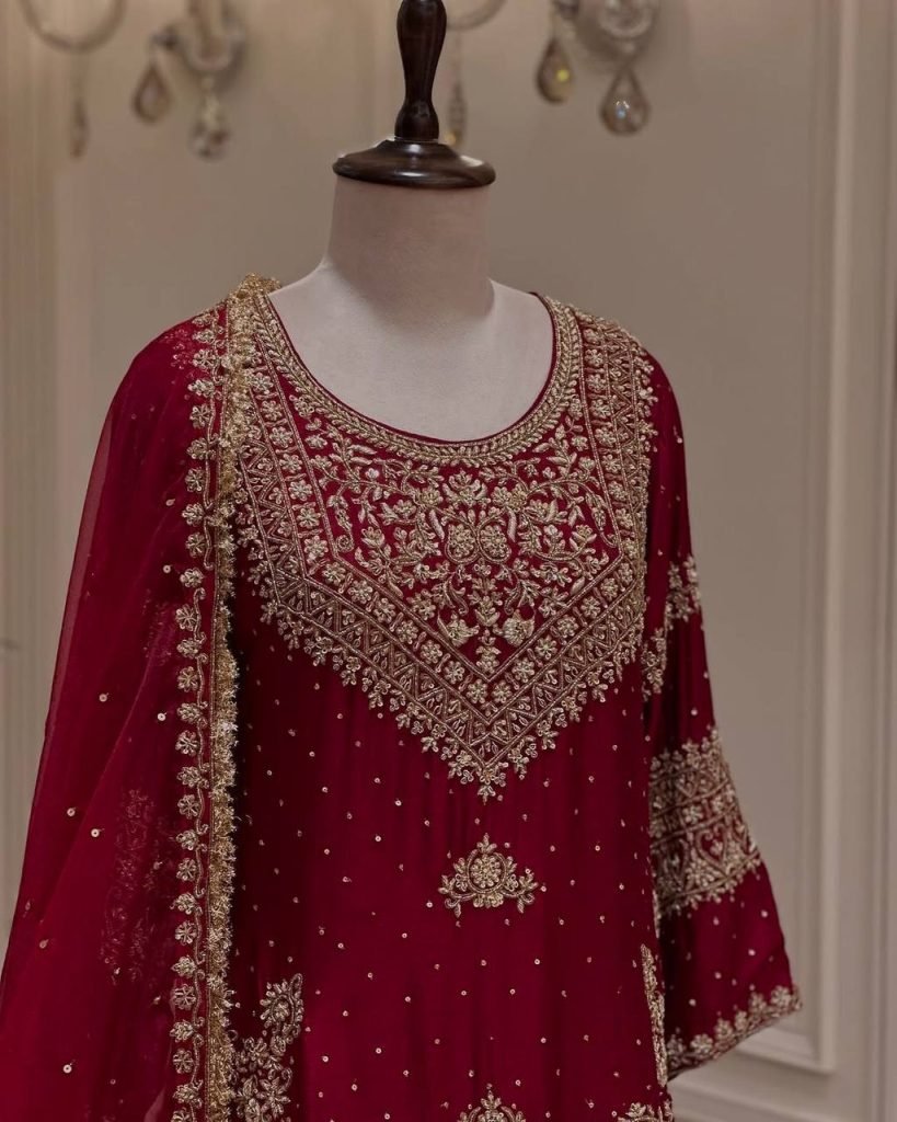 Red heavy georgette with beautiful embroidery sequence work ready to wear