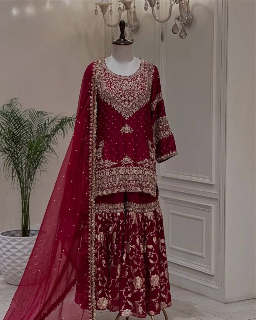 Red heavy georgette with beautiful embroidery sequence work ready to wear