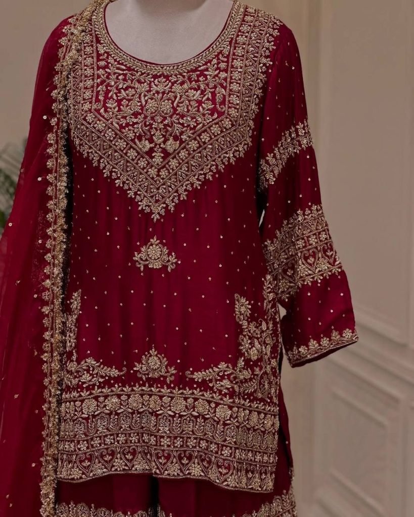 Red heavy georgette with beautiful embroidery sequence work ready to wear