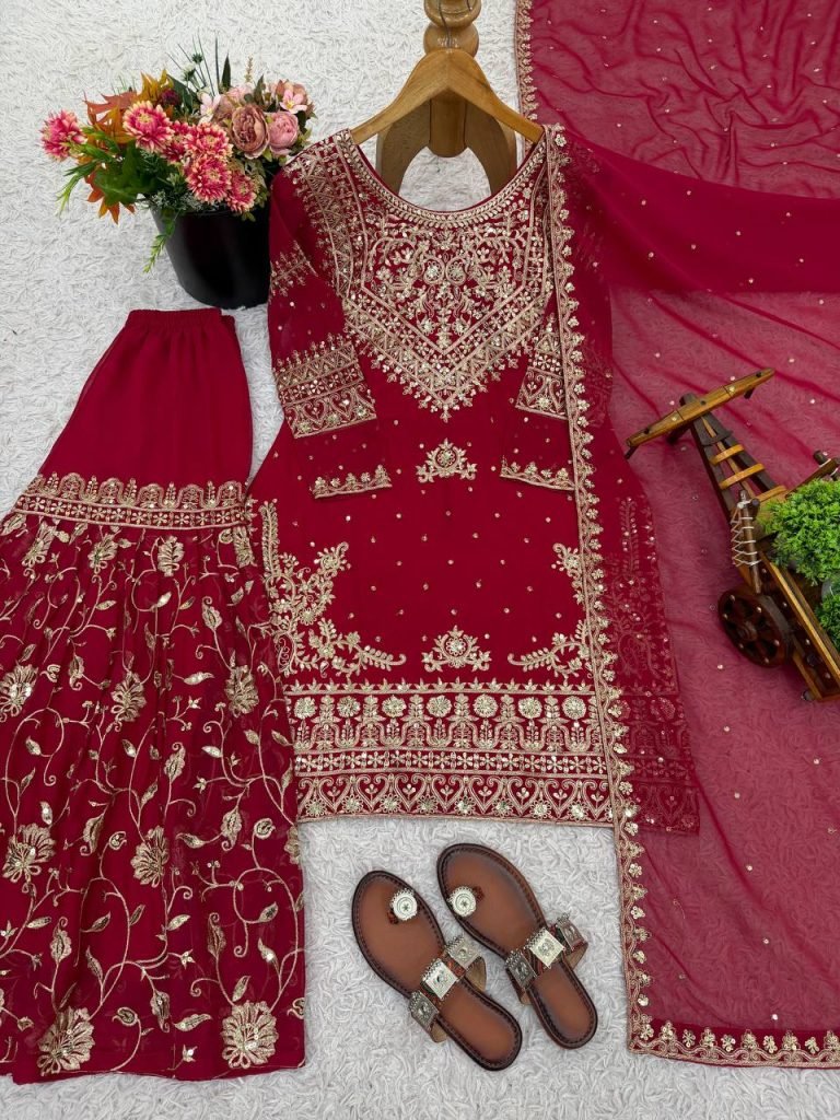 Red heavy georgette with beautiful embroidery sequence work ready to wear