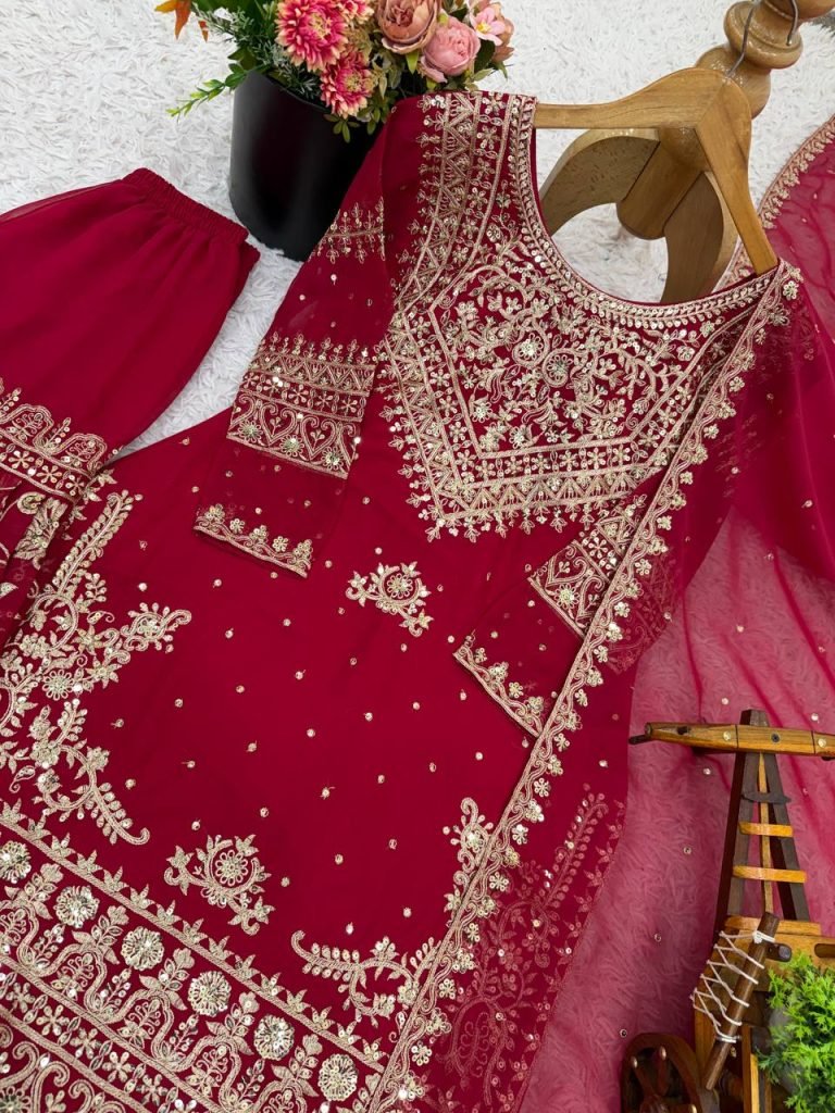 Red heavy georgette with beautiful embroidery sequence work ready to wear