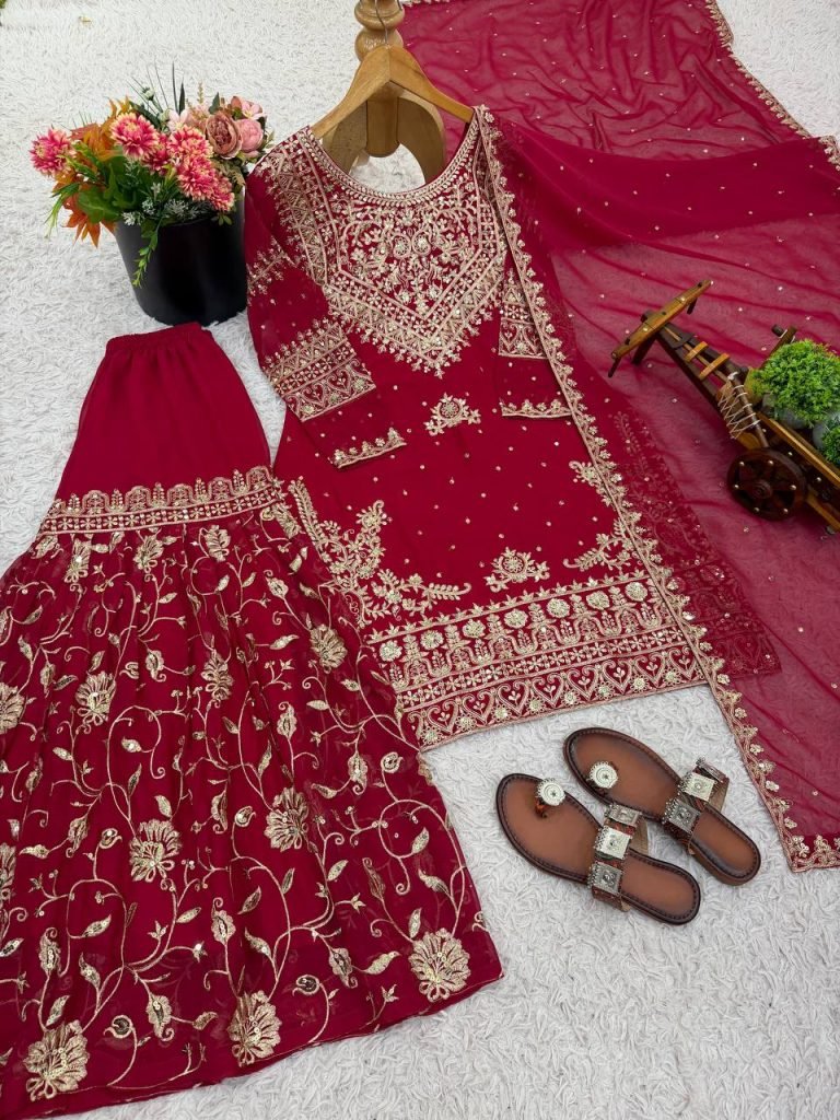 Red heavy georgette with beautiful embroidery sequence work ready to wear