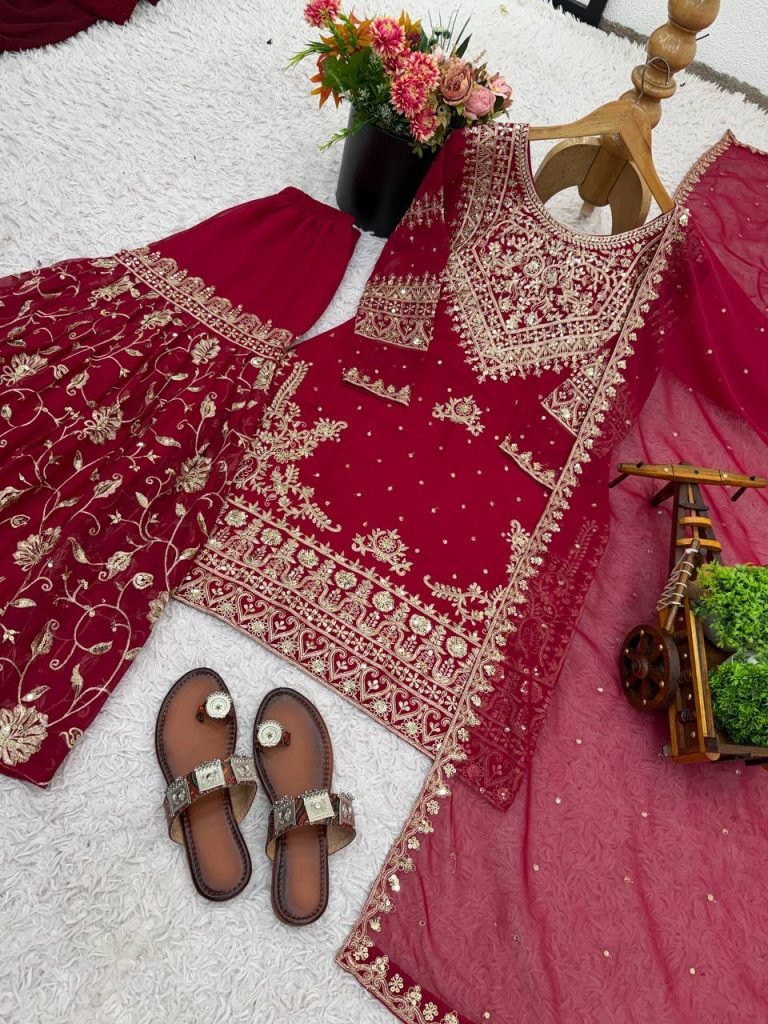 Red heavy georgette with beautiful embroidery sequence work ready to wear