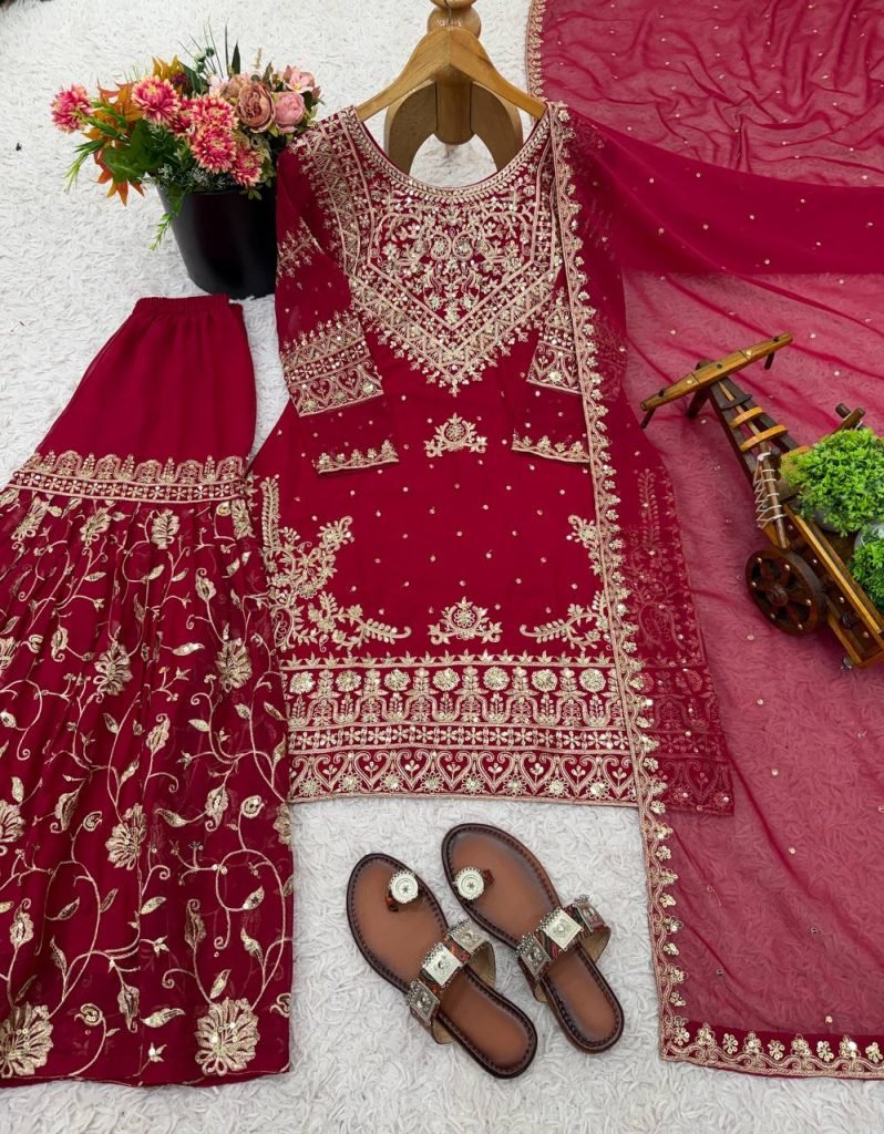 Red heavy georgette with beautiful embroidery sequence work ready to wear