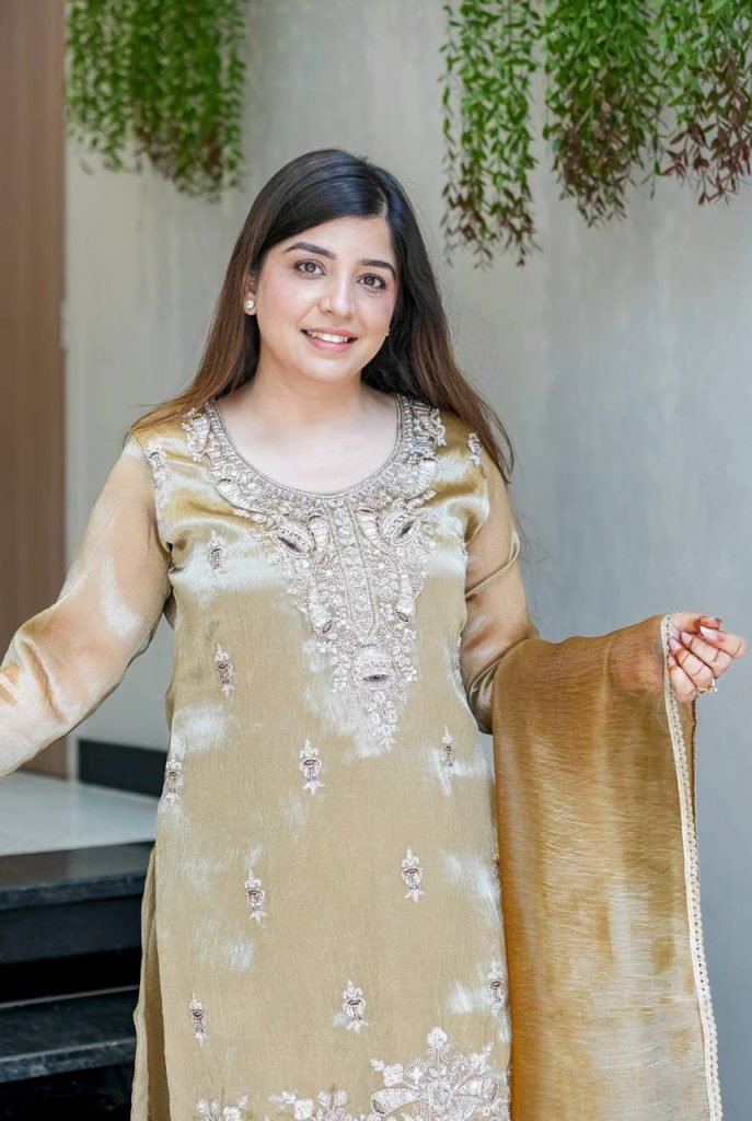 Beige pure silky silk with embroidery sequence work top bottom and dupatta set