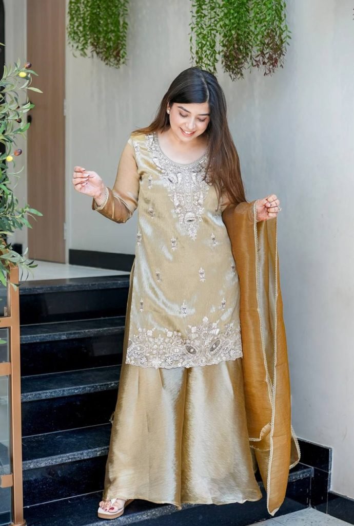 Beige pure silky silk with embroidery sequence work top bottom and dupatta set