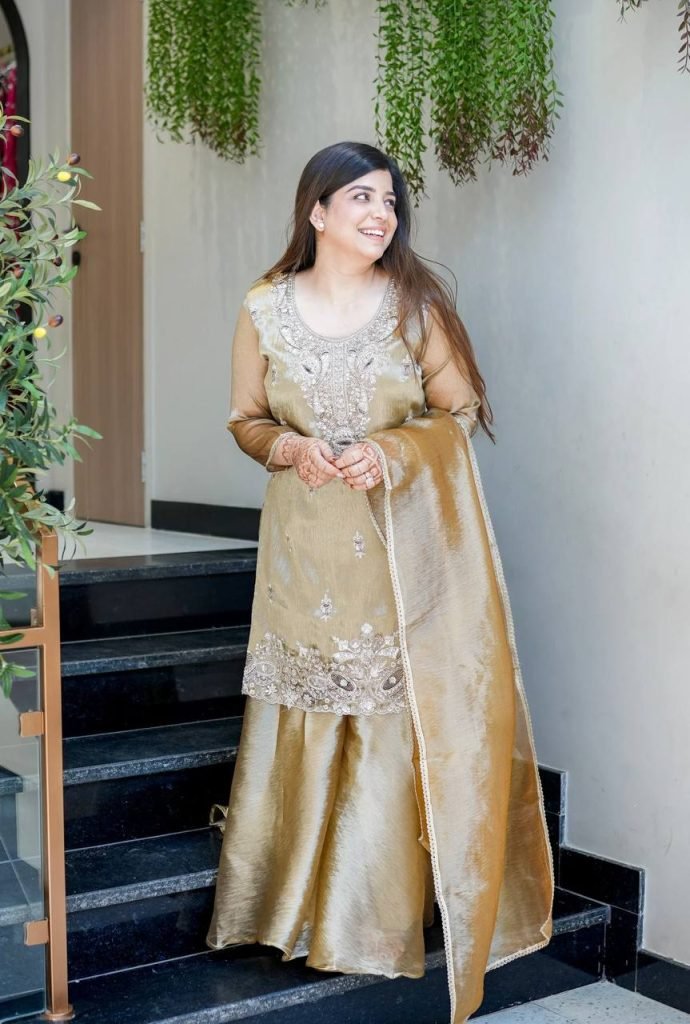Beige pure silky silk with embroidery sequence work top bottom and dupatta set