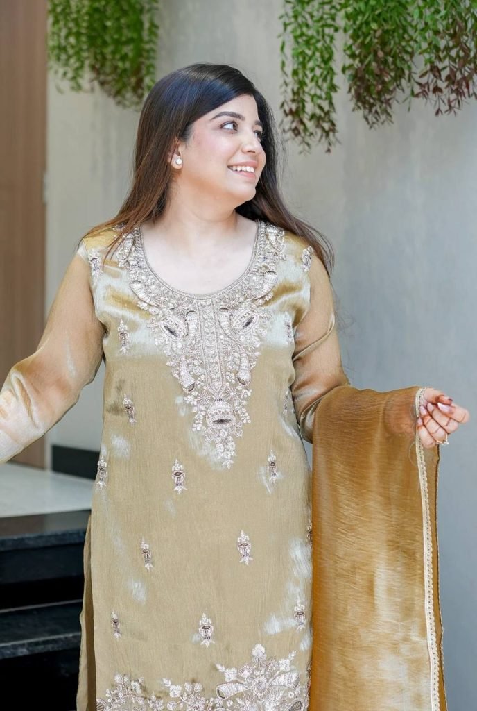 Beige pure silky silk with embroidery sequence work top bottom and dupatta set