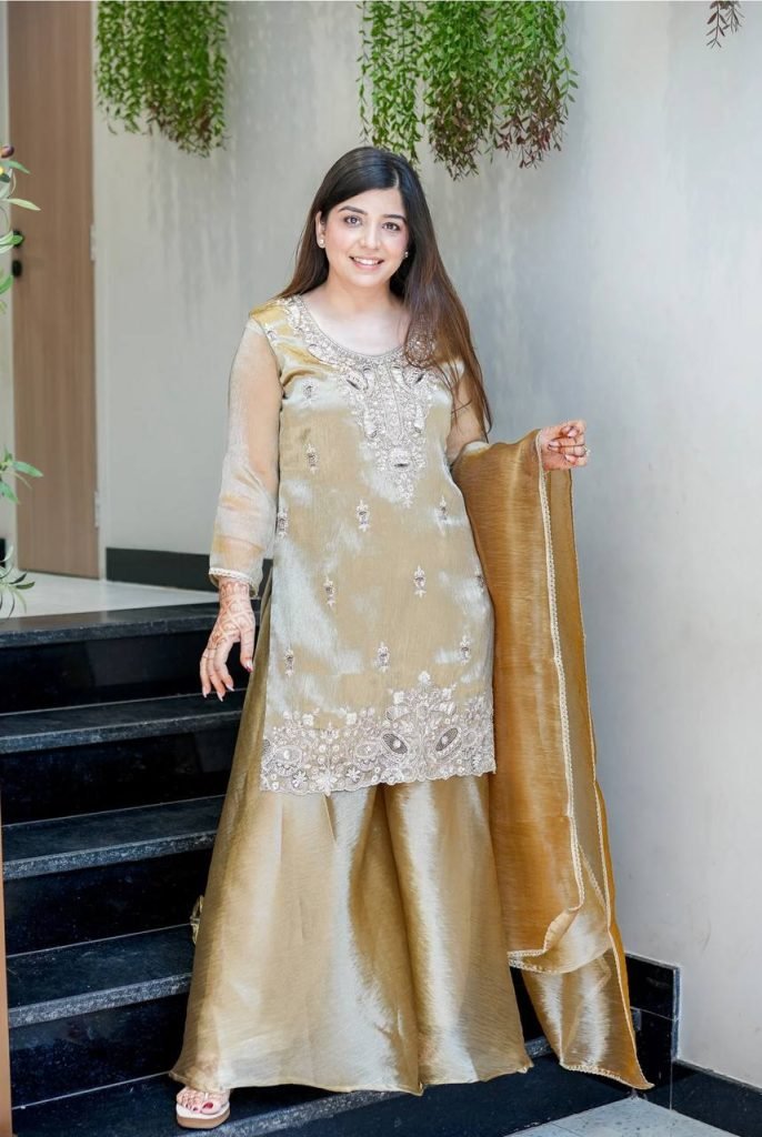 Beige pure silky silk with embroidery sequence work top bottom and dupatta set