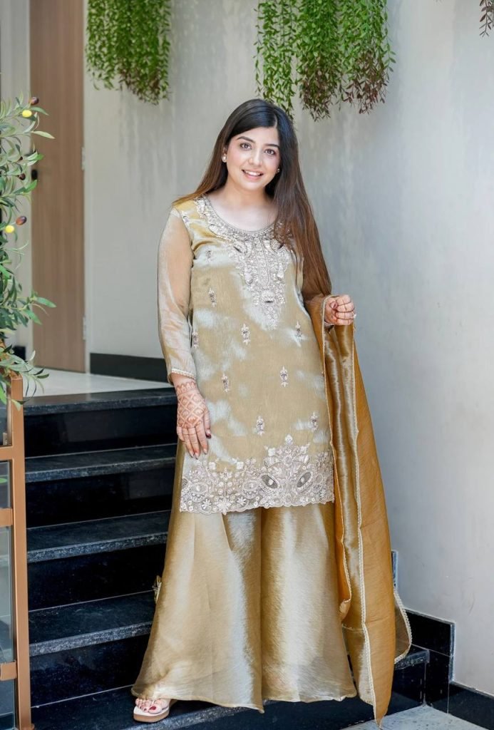 Beige pure silky silk with embroidery sequence work top bottom and dupatta set