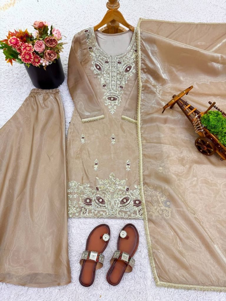 Beige pure silky silk with embroidery sequence work top bottom and dupatta set