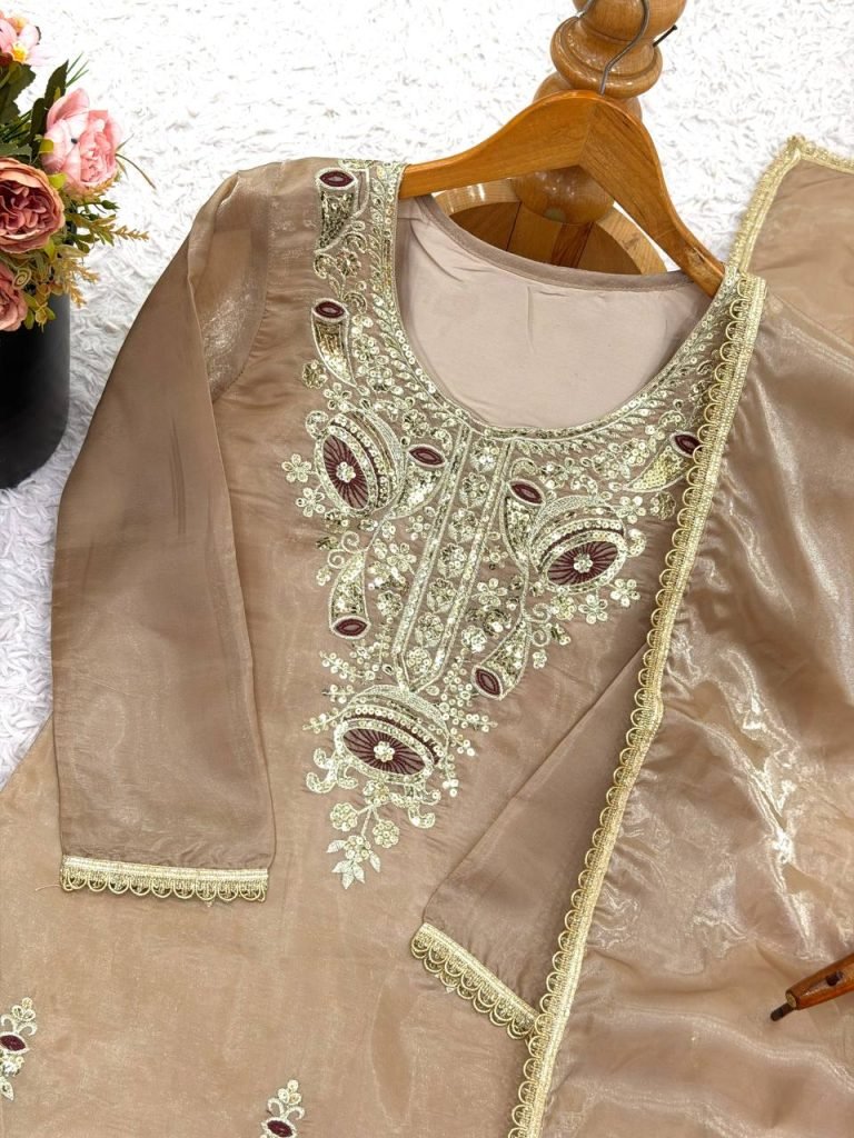 Beige pure silky silk with embroidery sequence work top bottom and dupatta set