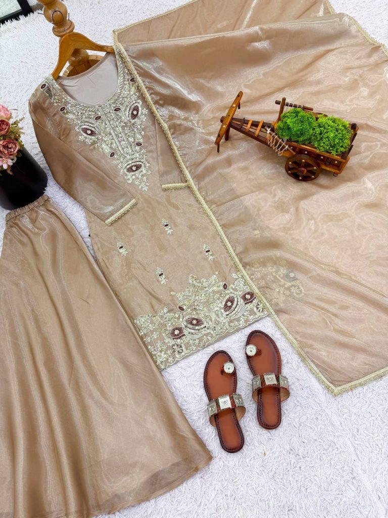 Beige pure silky silk with embroidery sequence work top bottom and dupatta set