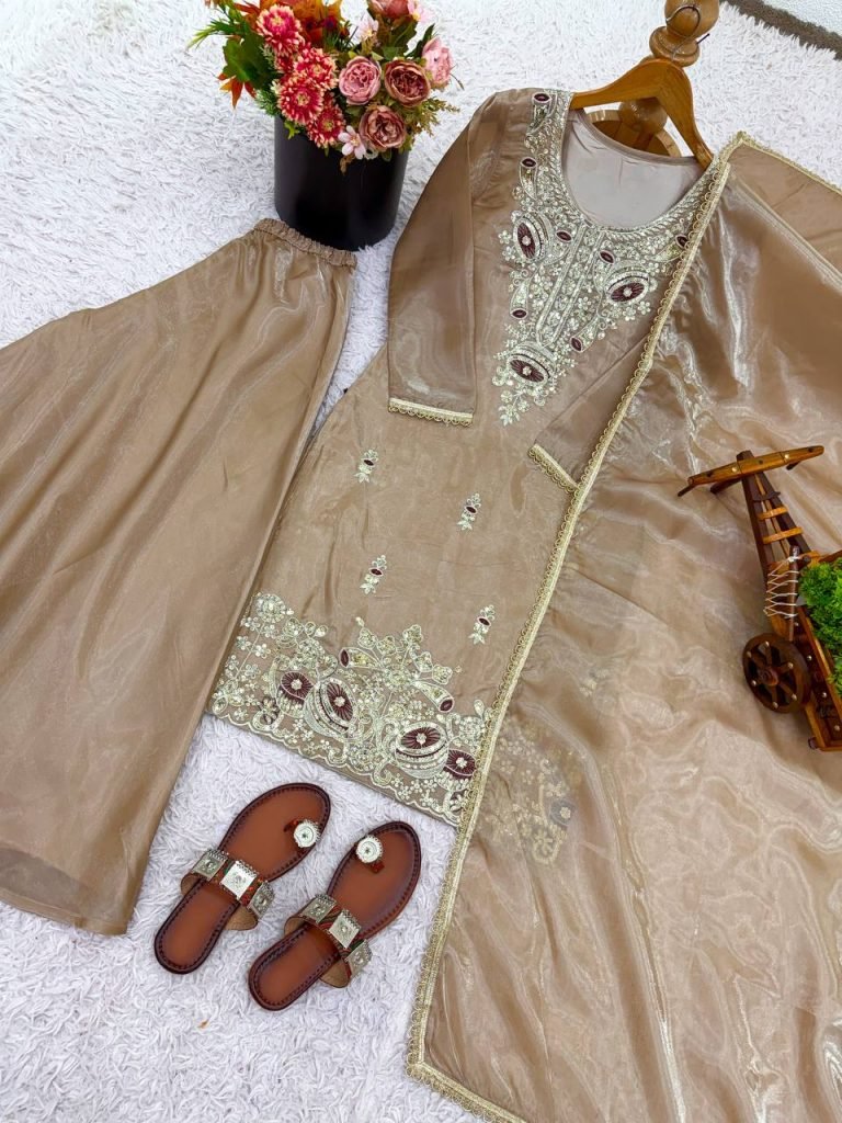 Beige pure silky silk with embroidery sequence work top bottom and dupatta set